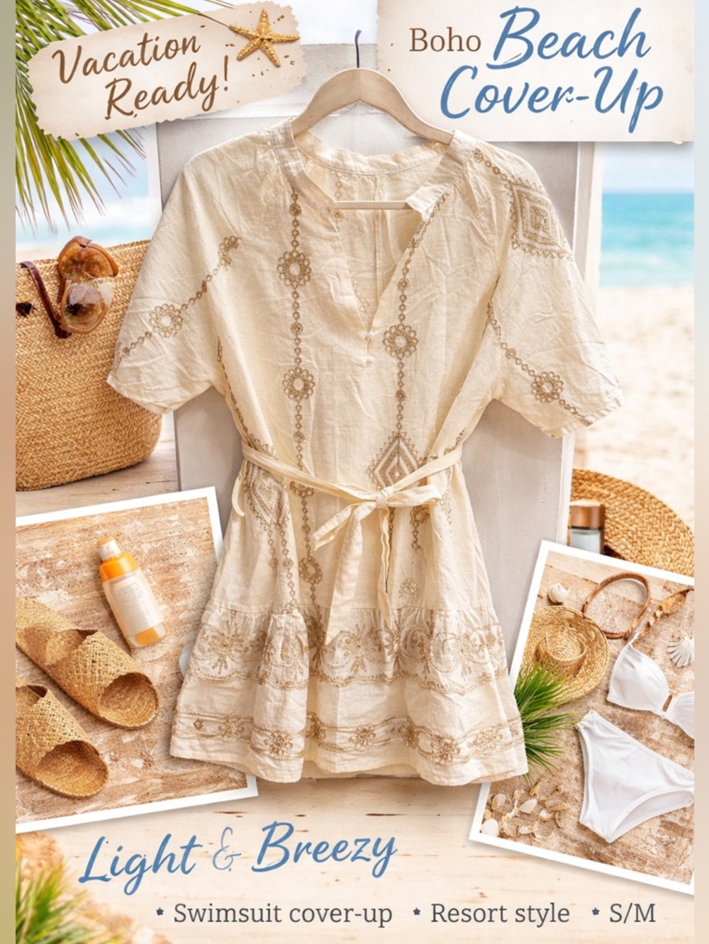 Embroidered Cream Boho Tunic Dress with Belt